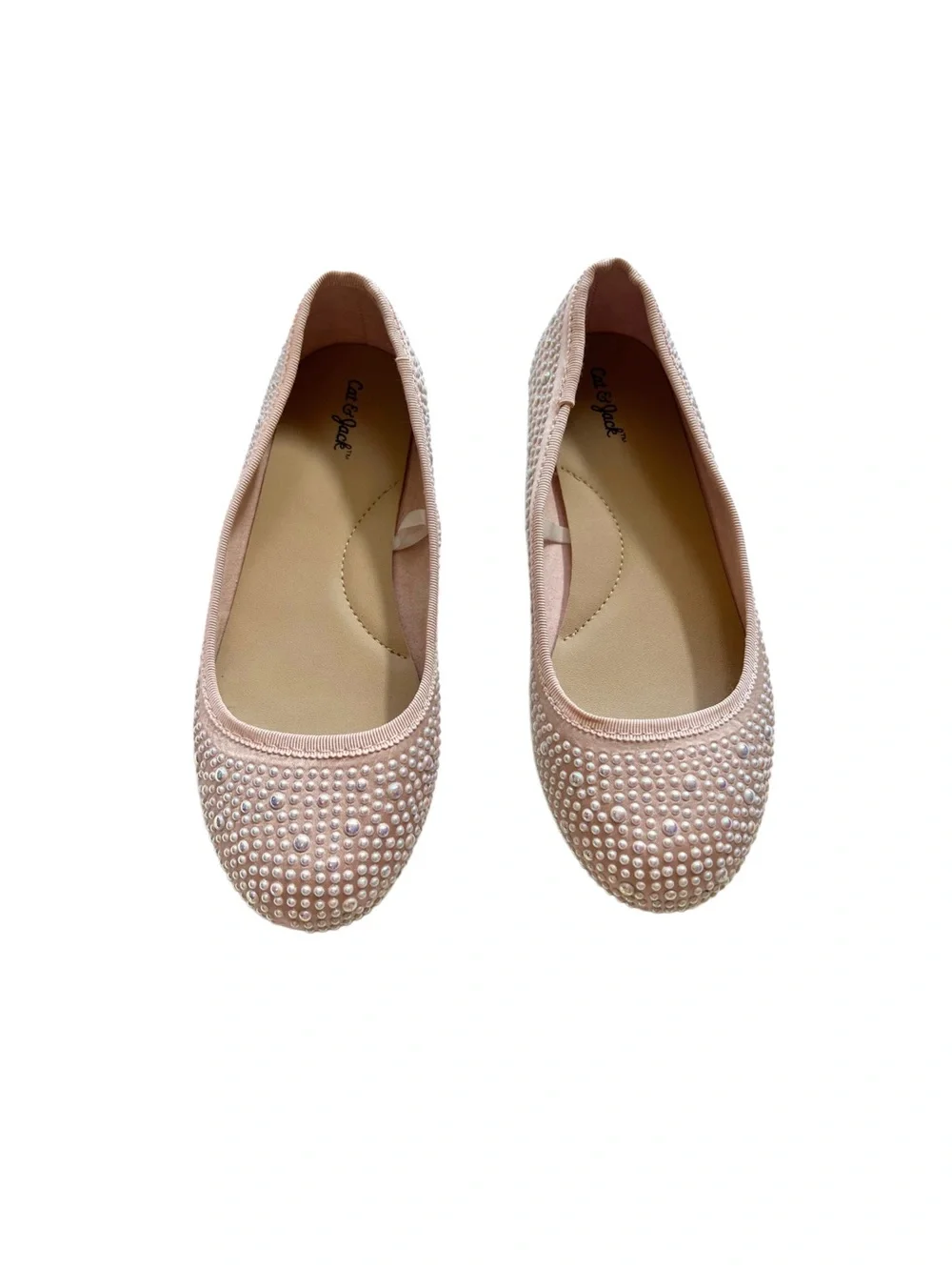 Cat & Jack Blush Pink Pearl-Stud Ballet Flats - Non-Marking | Girls Size 13